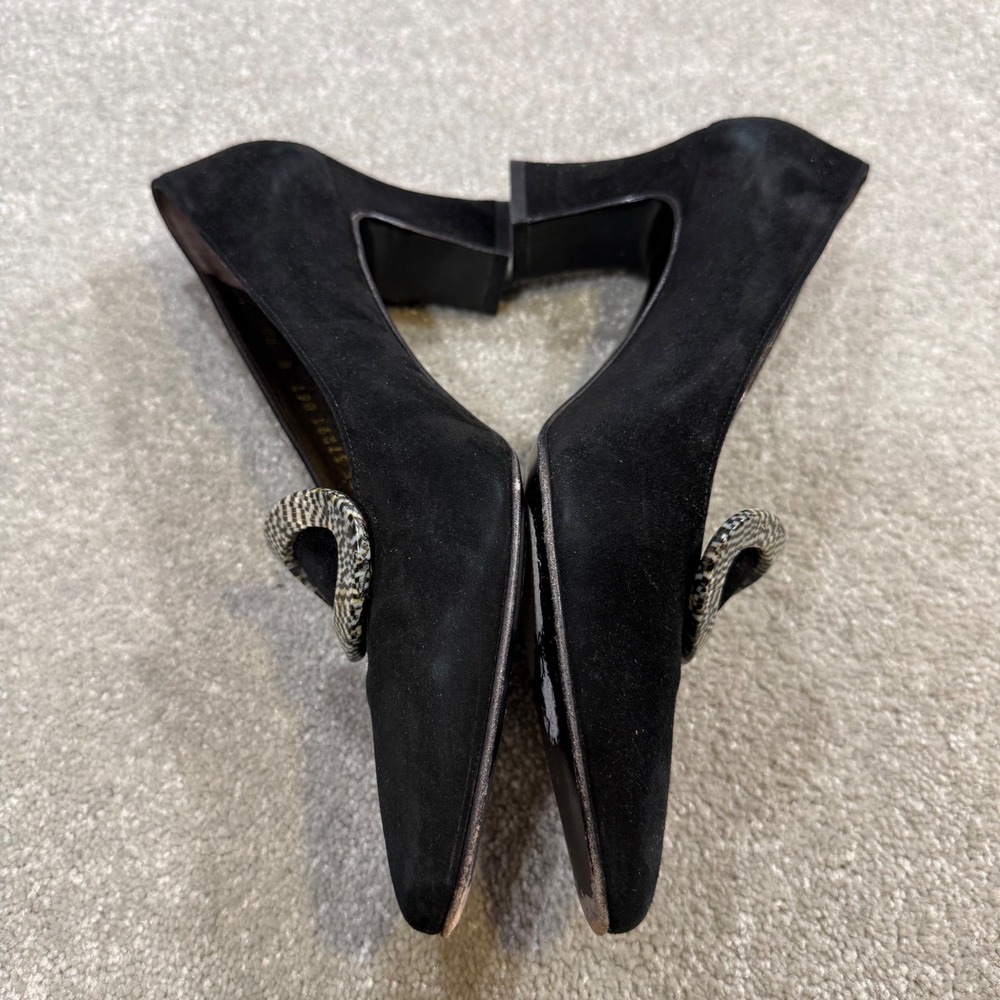 Vintage Salvatore Ferragamo Pilgrim Black Suede Block Heel Pump Buckle 8AA Italy - Picture 7 of 16